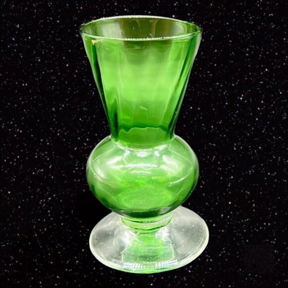 Art Glass Vase Green‎ W Clear Bottom Hand Blown Fluted Vase Miniature 4”T 2”W